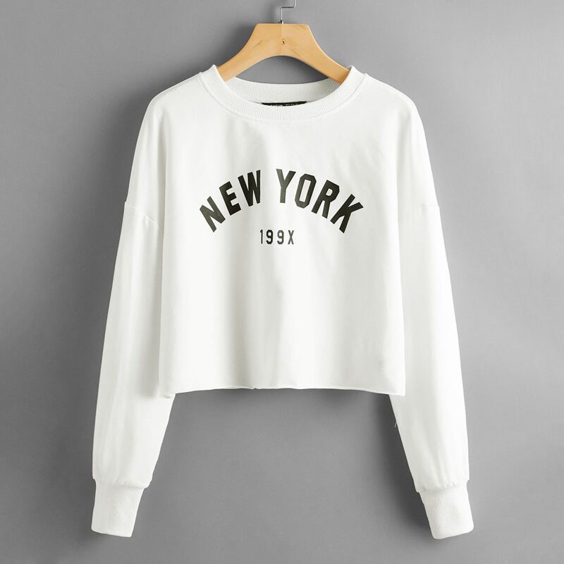 

Drop Shoulder Letter Graphic Crop Pullover, Beige