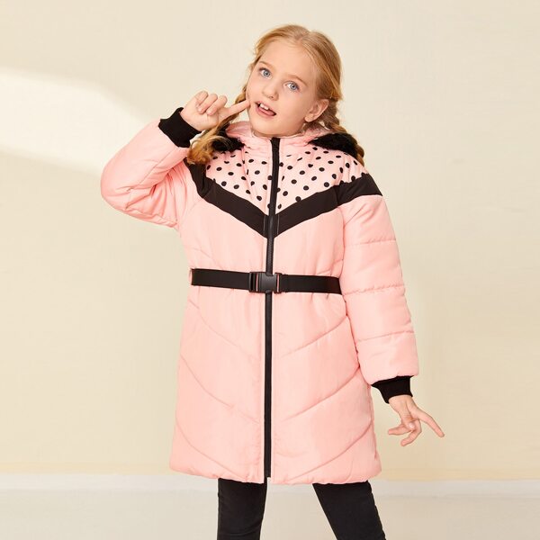 

Girls Polka Dot Buckle Belted Puffer Coat, Pastel coral pink