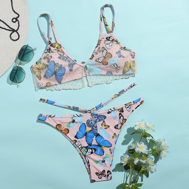 

Butterfly Print Contrast Mesh Cut Out Bikini Swimsuit, Multicolor