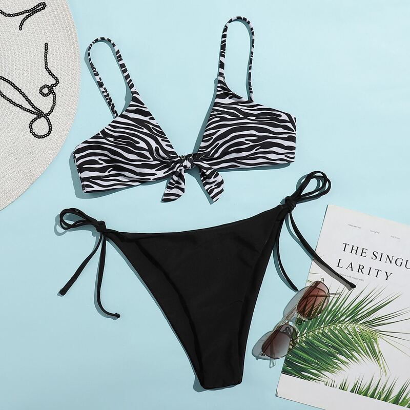 

Zebra Striped Tie Side Bikini Swimsuit, Black and white