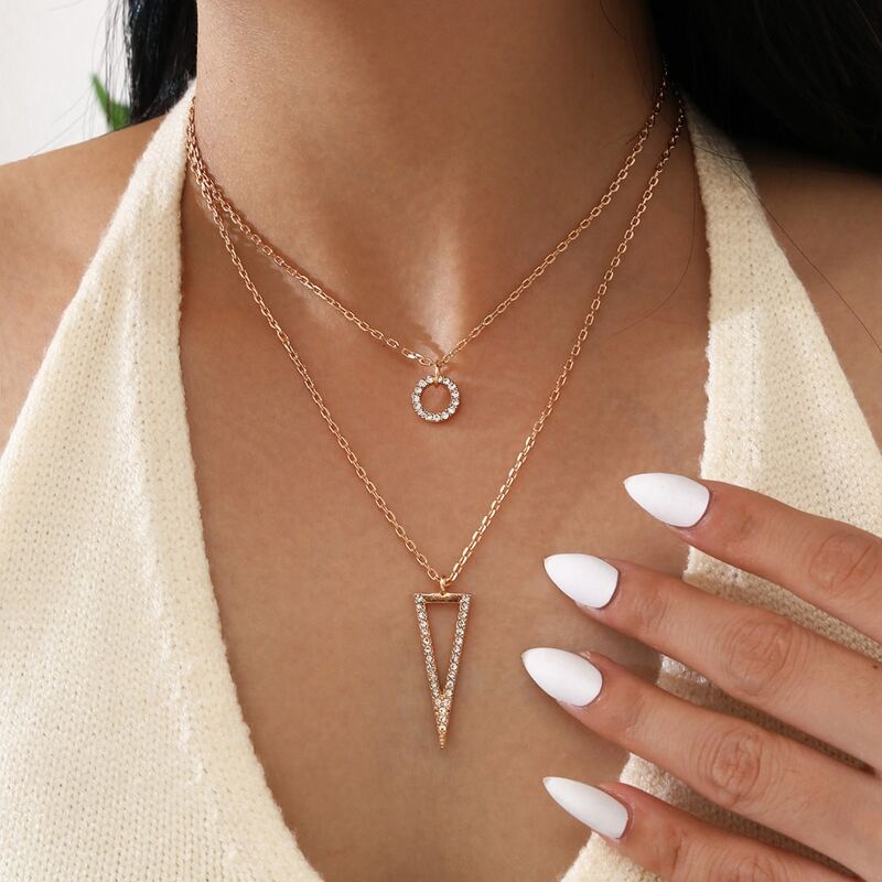 

2pcs Rhinestone Triangle & Ring Pendant Necklace, Gold