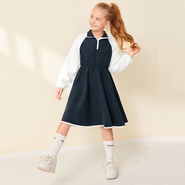

Girls Zipper Half Placket Colorblock Raglan Sleeve Dress, Navy blue