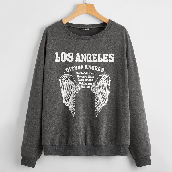 

Letter And Wing Print Drop Shoulder Sweatshirt, Dark grey