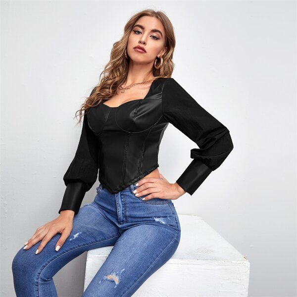 

Lantern Sleeve PU Leather Bustier Top, Black