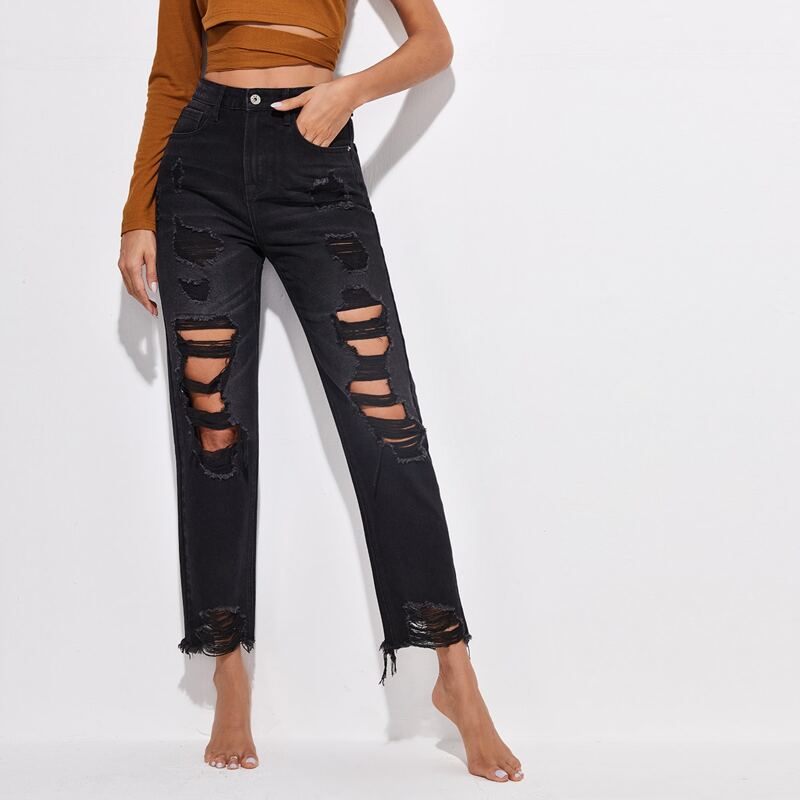 

High Waist Raw Hem Ripped Straight Jeans, Black