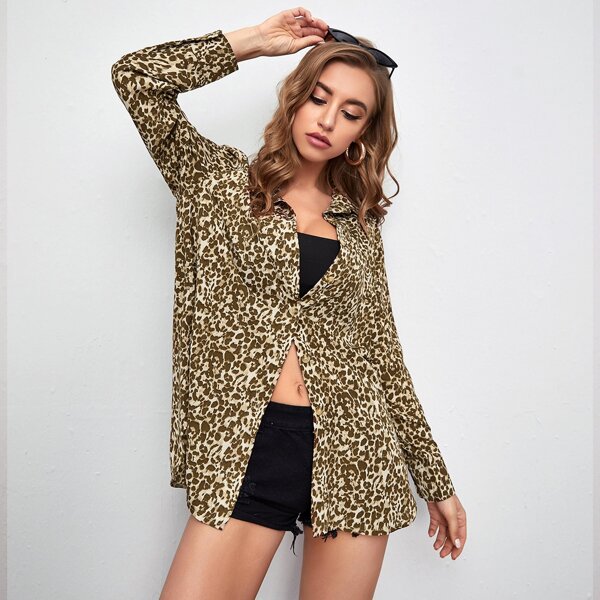 

Button Front High Low Hem Leopard Top, Multicolor