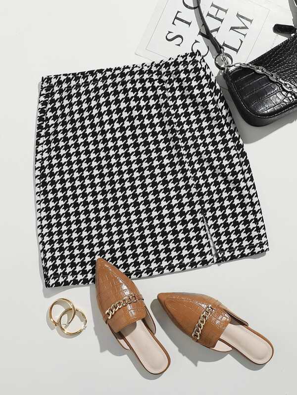 SHEIN Essnce Split Hem Houndstooth Skirt