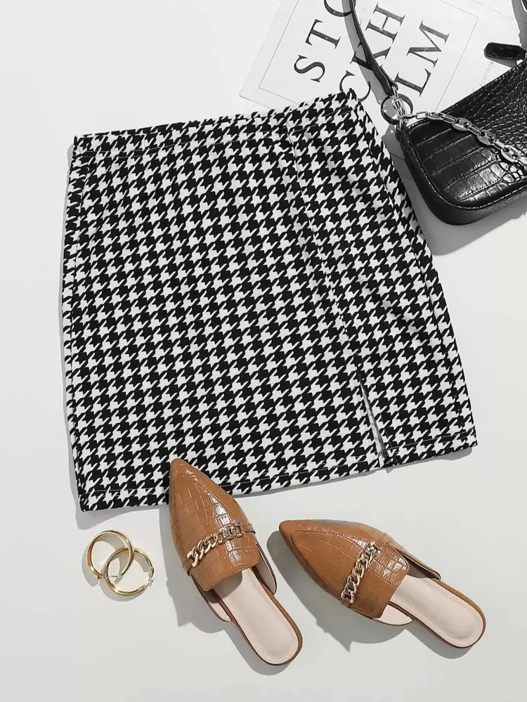 Split Hem Houndstooth Skirt