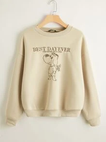 Flirla Drop Shoulder Letter & Cartoon Dog Graphic Sweatshirt Pullover Fall Outfit