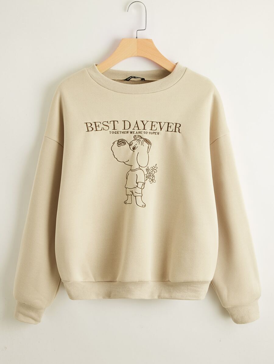 Flirla Drop Shoulder Letter & Cartoon Dog Graphic Sweatshirt Pullover Fall Outfit