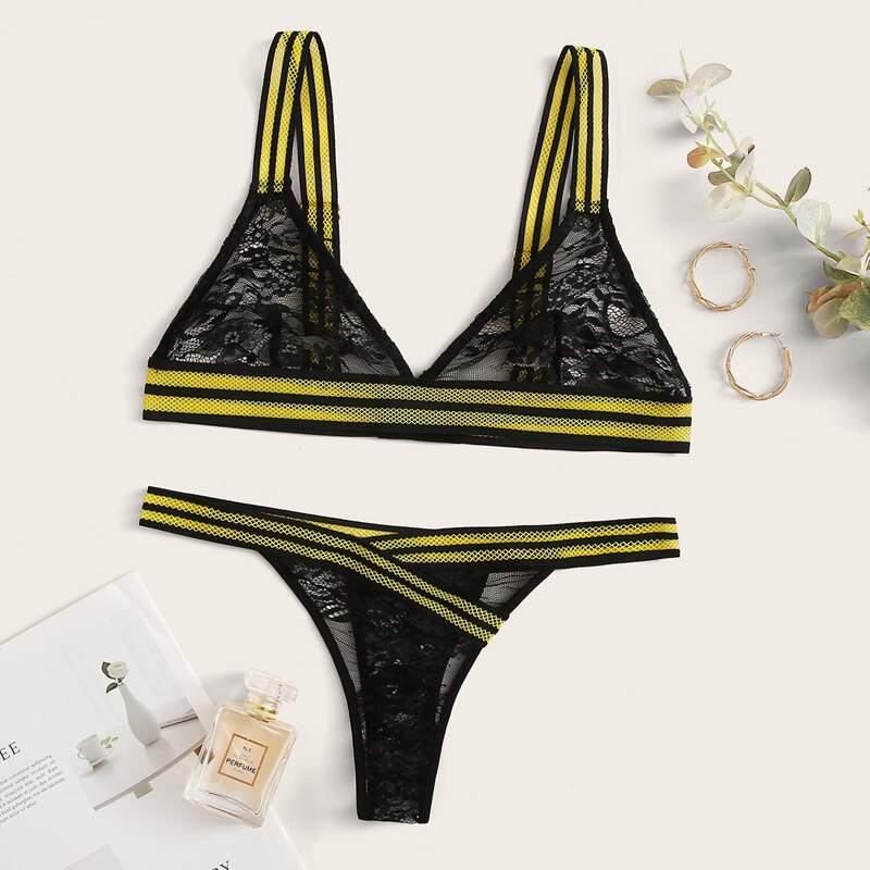 

Lace Striped Lingerie Set, Black