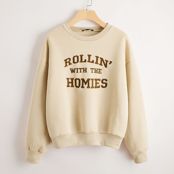 

Drop Shoulder Slogan Graphic Thermal Sweatshirt, Apricot