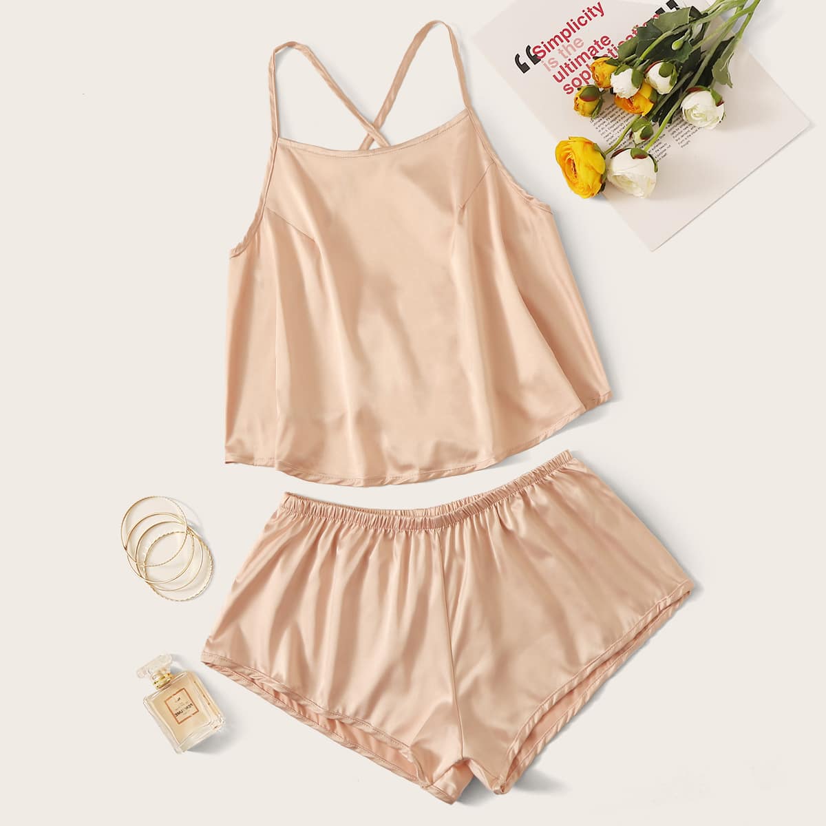 

Solid Satin Shorts PJ Set, Apricot