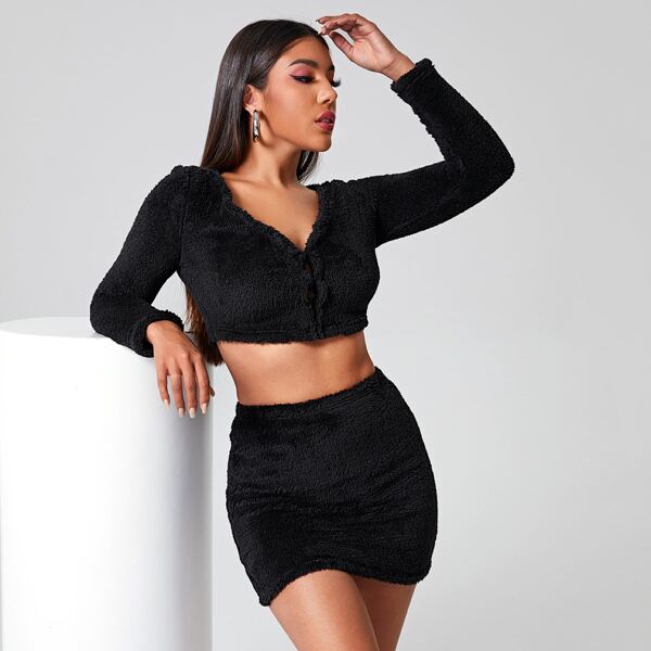 

Solid Crop Teddy Sweatshirt & Skirt Set, Black