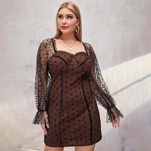

Plus Bell Sleeve Polka Dot Mesh Overlay Bustier Dress, Multicolor