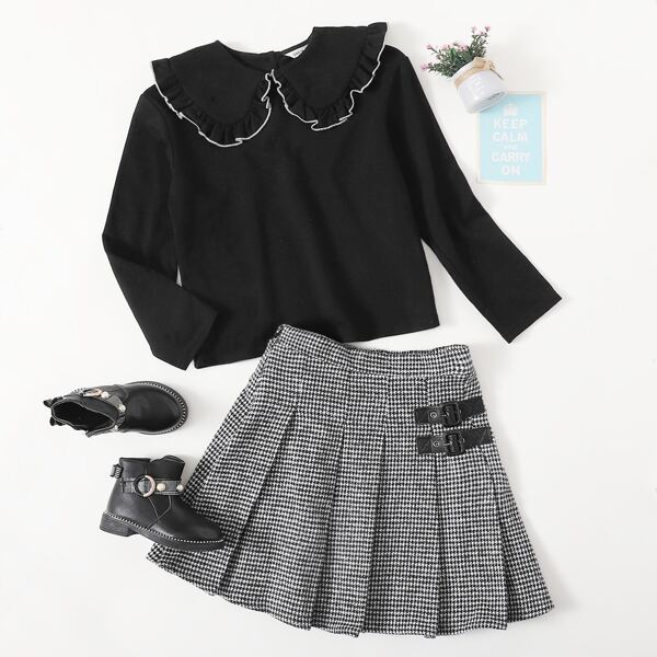 

Girls Contrast Stitch Peter Pan Collar Top & Buckle Strap Houndstooth Pleated Skirt Set, Black and white