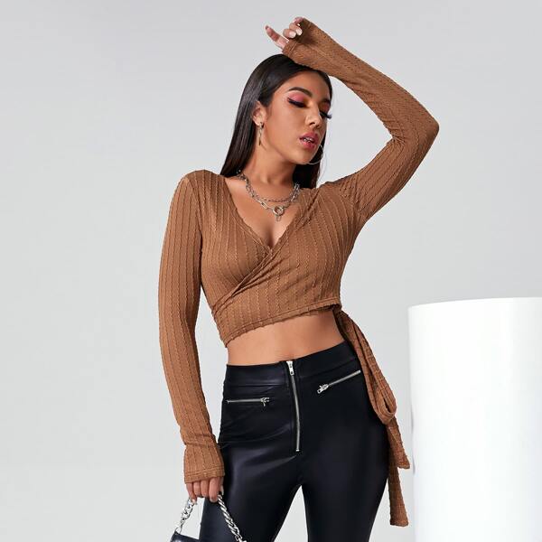 

Surplice Wrap Knot Side Crop Top, Coffee brown