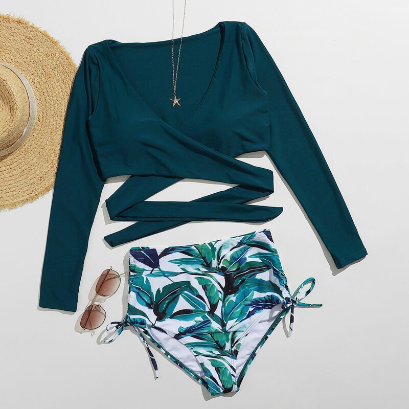 

Leaf Print Wrap High Waist Bikini Swimsuit, Multicolor