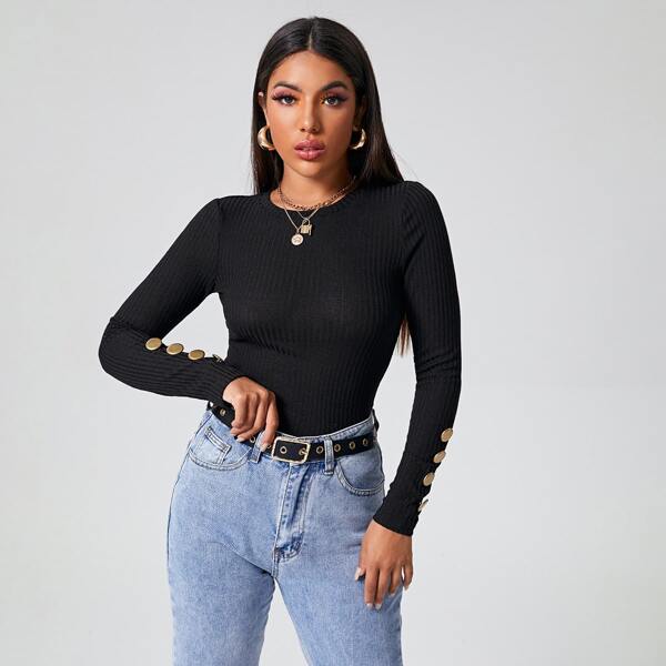 

Buttoned Cuff Rib-knit Tee, Black