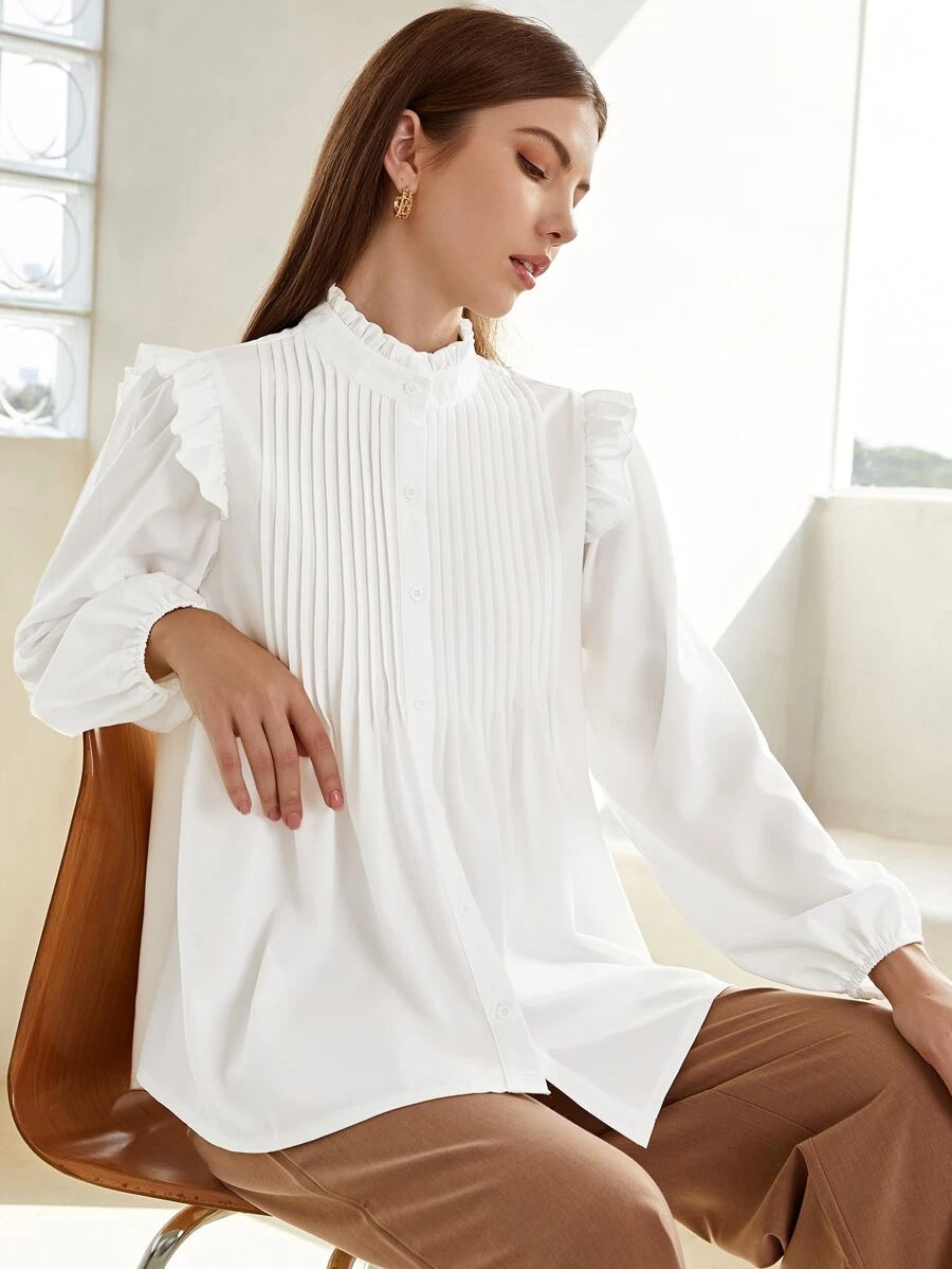 褶邊領百褶紐扣襯衫 - 白色 - 查看 1