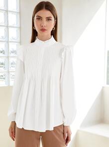 褶邊領百褶紐扣襯衫 - 白色 - 查看 3