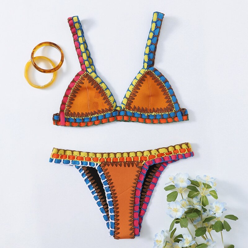 

Contrast Binding Triangle Bikini Swimsuit, Multicolor