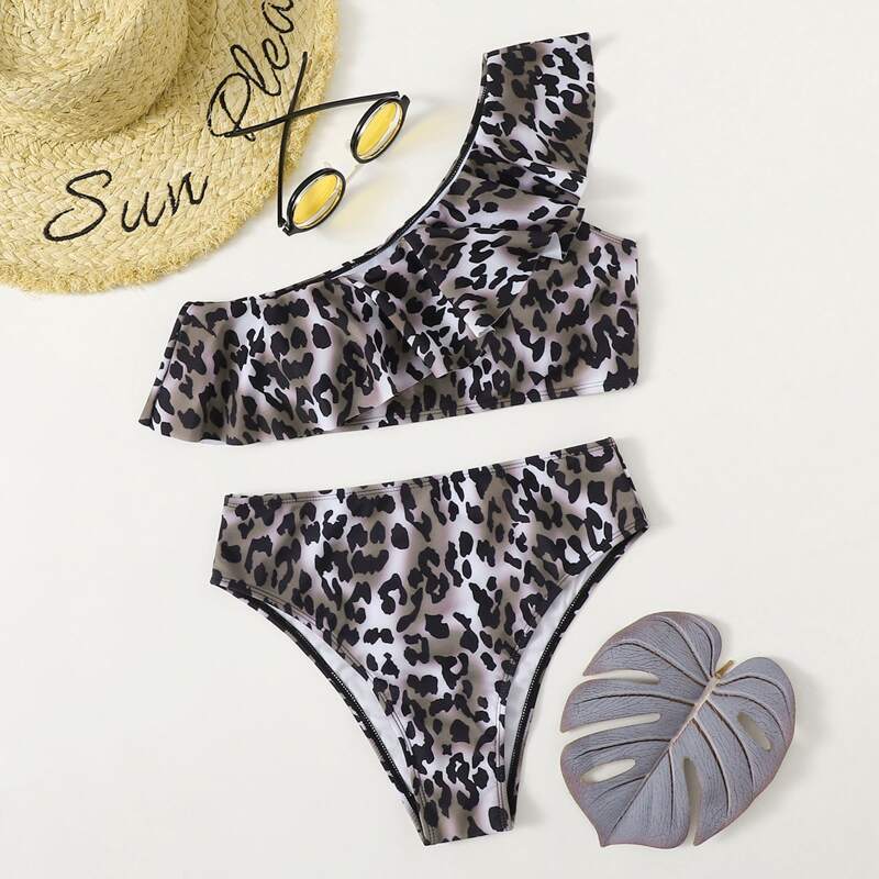 

Leopard One Shoulder Ruffle Bikini Swimsuit, Multicolor