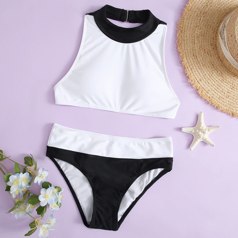 

Colorblock Bikini Swimsuit, Black and white