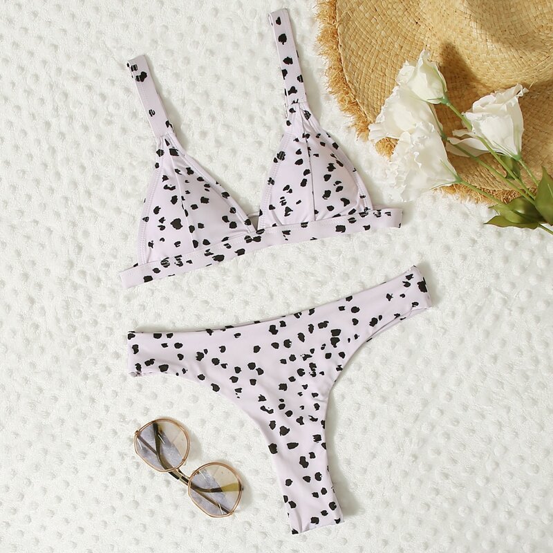 

Allover Print Triangle Bikini Swimsuit, Black and white
