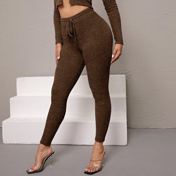 

Drawstring Waist Rib-knit Leggings, Chocolate brown