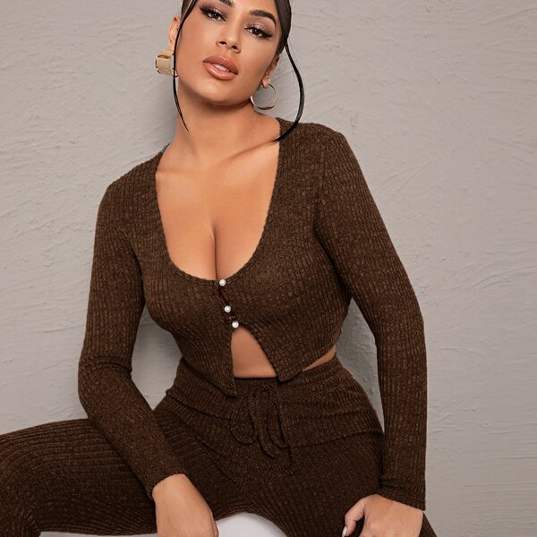 

Pearl Button Rib-knit Top, Chocolate brown