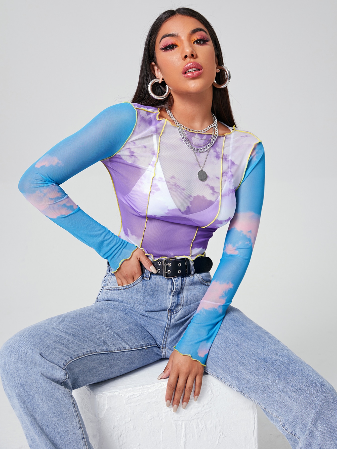 Contrast Stitch Tie Dye Sheer Mesh Top Without Bra thumbnail