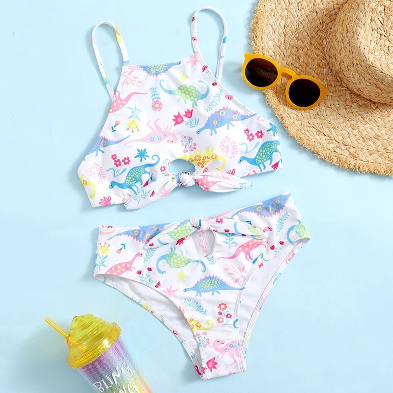 

Cartoon Print Knot Cut Out Bikini Swimsuit, Multicolor