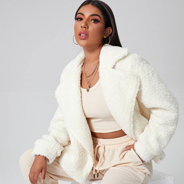 

Notched Collar Solid Teddy Coat, Beige