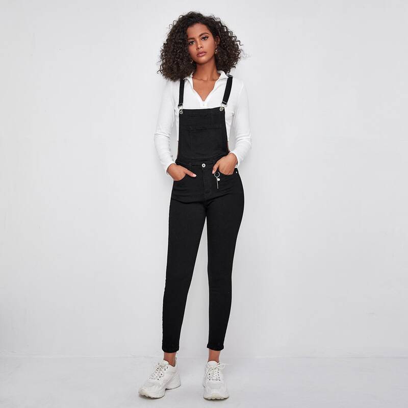 

Button Waist Slant Pocket Denim Overalls, Black