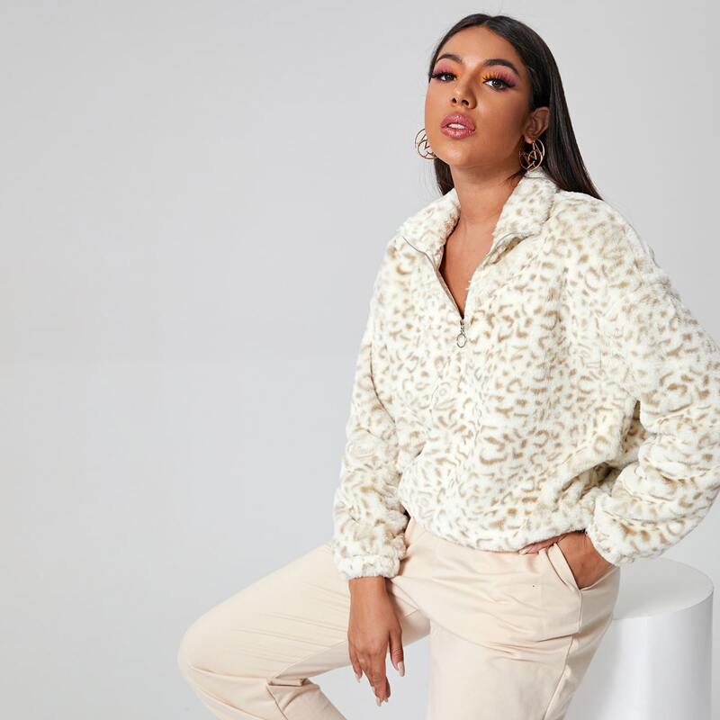 

Zipper Half Placket Leopard Faux Fur Sweatshirt, Multicolor