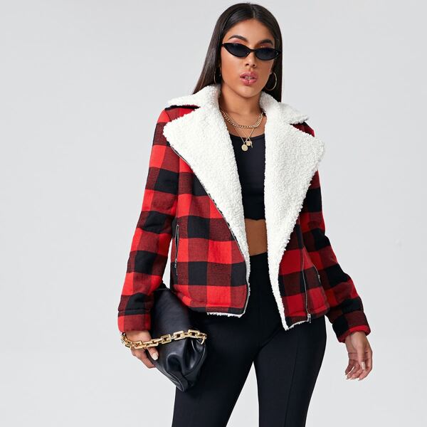 

Zipper Front Shearling Lined Buffalo Plaid Jacket, Multicolor