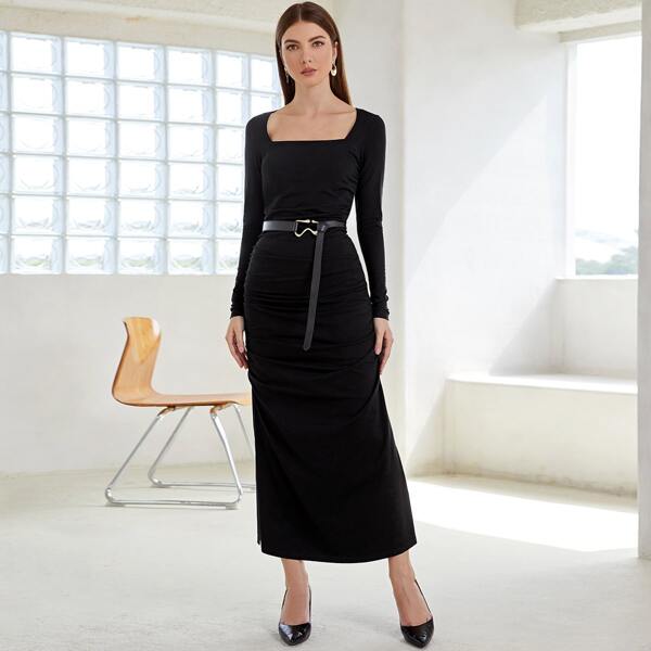 

Square Neck Split Side Fitted Dress Without Belt, Black