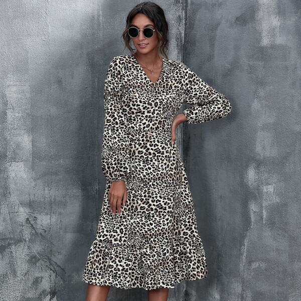 

Lantern Sleeve Ruffle Hem Leopard Dress, Multicolor