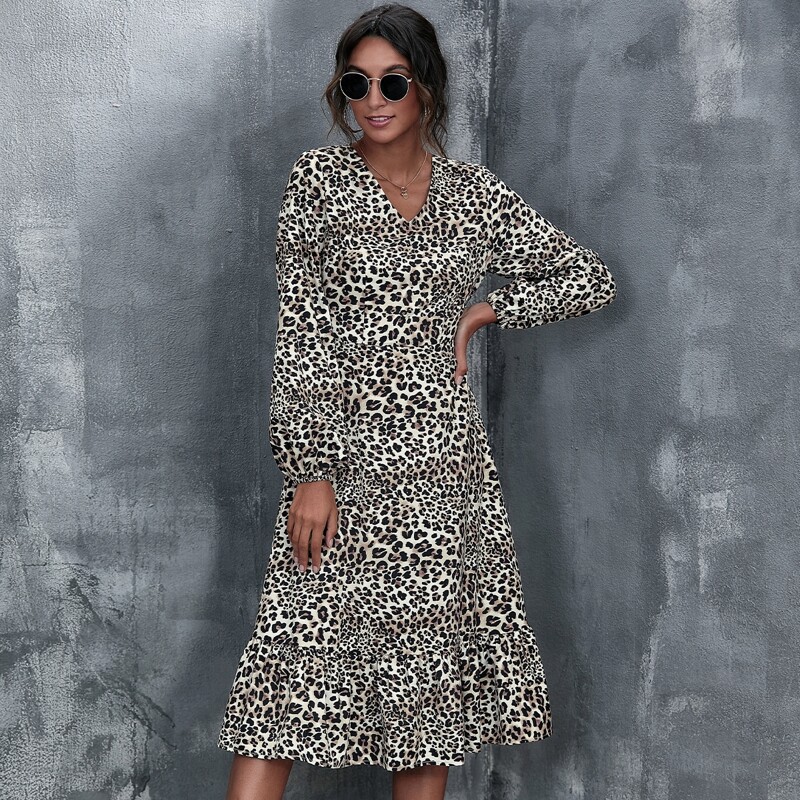 

Lantern Sleeve Ruffle Hem Leopard Dress, Multicolor