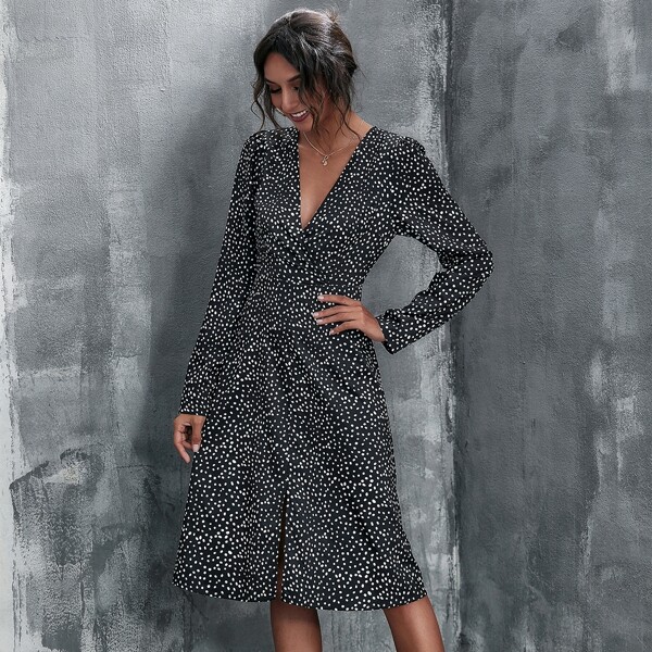 

Surplice Neck Slit Hem Dalmatian Dress, Black