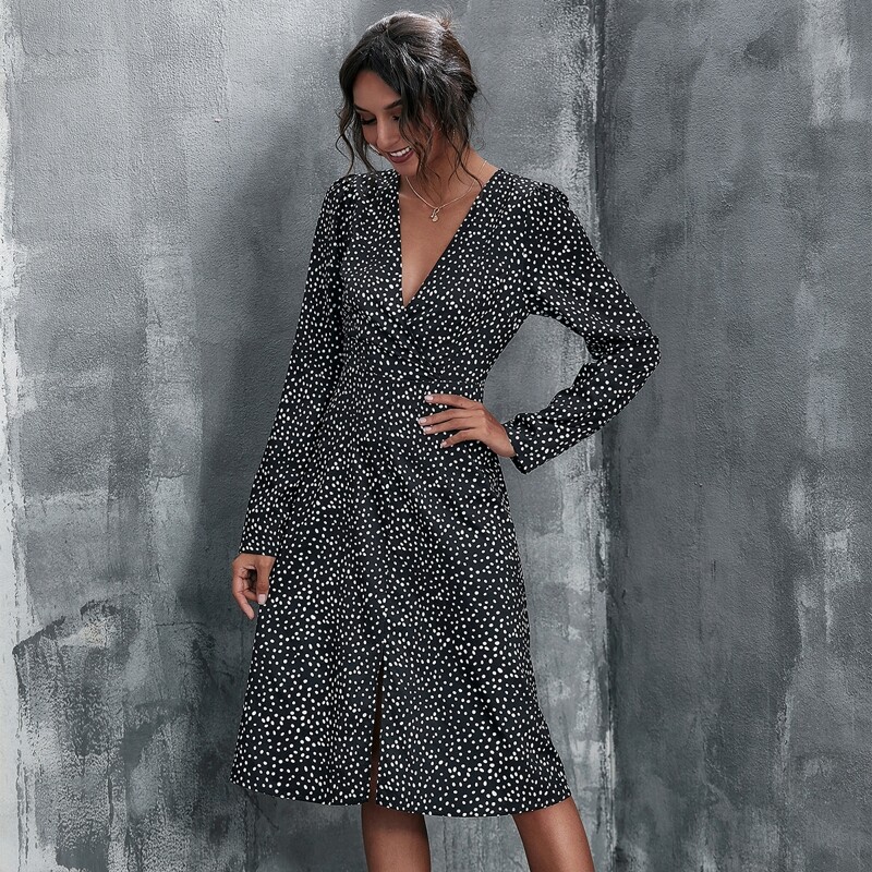 

Surplice Neck Slit Hem Dalmatian Dress, Black