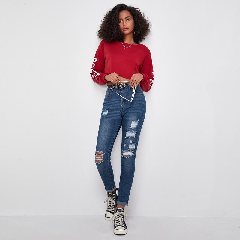 

High Waist Ripped Skinny Jeans Without Belt, Medium wash