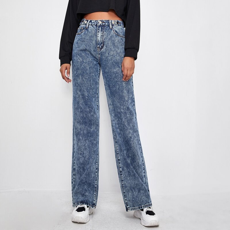 

High Waist Slant Pocket Straight Jeans, Medium wash