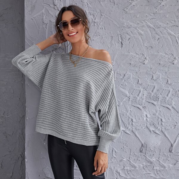 

Boat Neck Batwing Sleeve Sweater, Grey