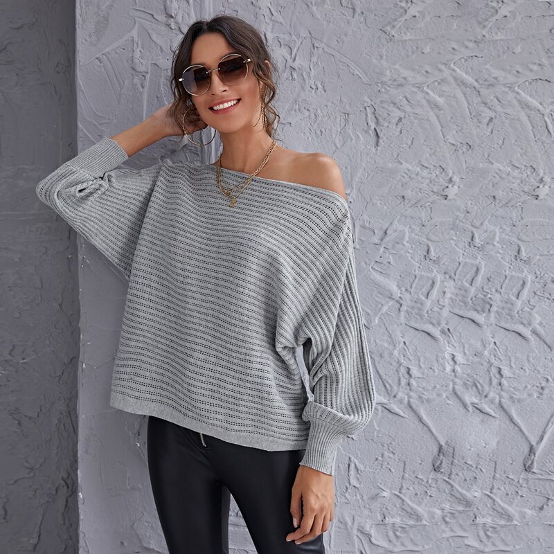

Boat Neck Batwing Sleeve Sweater, Grey