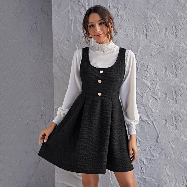 

Button Front Tweed Overall Dress Without Blouse, Black