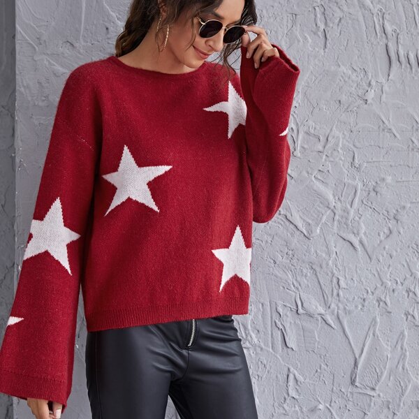 

Drop Shoulder Star Sweater, Red
