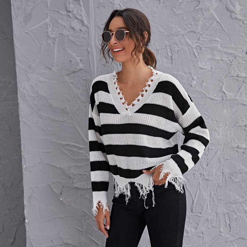 

Drop Shoulder Striped Distressed Sweater, Black and white
