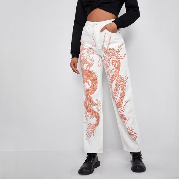 

Chinese Dragon Straight Jeans, White